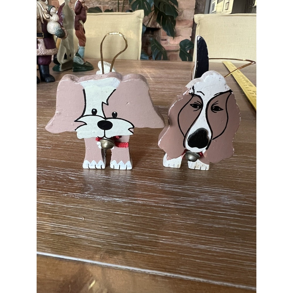 2 Vintage‎ Wooden Dog Christmas Tree Toy Ornament Hand Painted